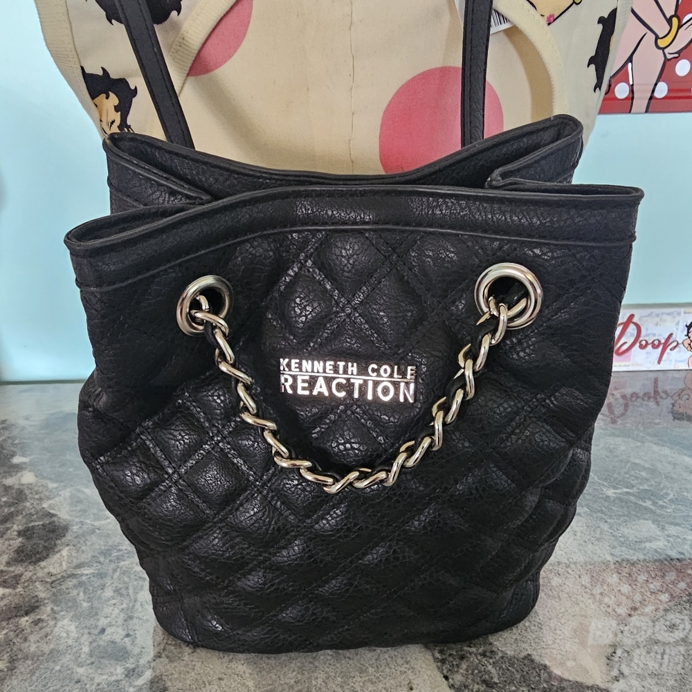 Kenneth Cole Reaction Black Quilted Bucket Backpack - Silver Chain Accent